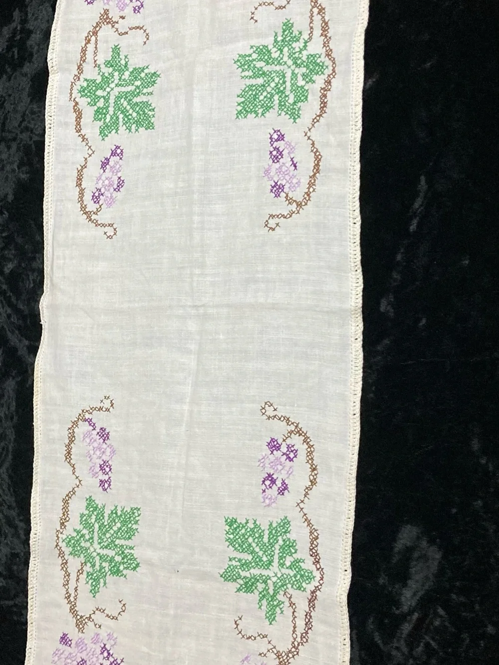 Embroidered Linen Runner with Green and Purple Motif 38x13”